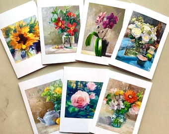 7 Art Card Set Flower Bouquet, roses daisy sunflower oil paintings, blank inside 5x7 framable artwork by Elo Wobig