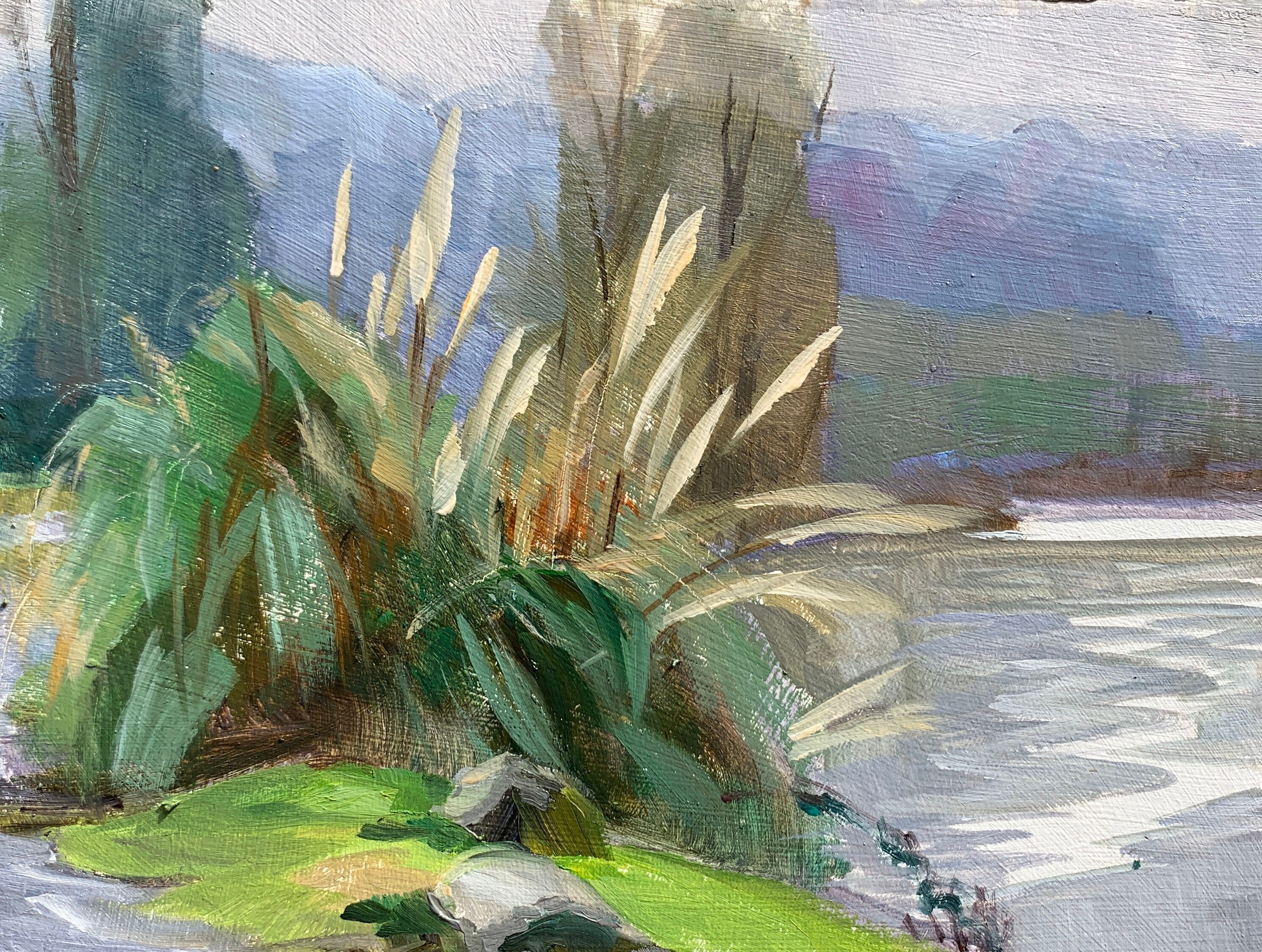 Original oil painting Plein air pampas grass by Willamette River Portland landscape 6x8 impressionist art decor by Elo Wobig