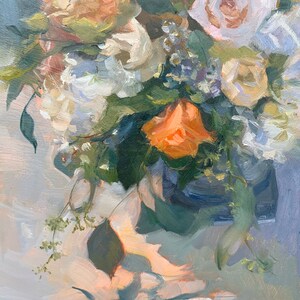 Coral and blush bridal bouquet, floral oil painting original art 8x10 impressionist still life by Elo Wobig