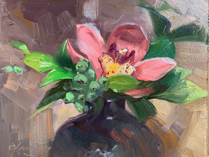 Original oil painting Pink Orchid Flower contemporary still life small 6 x 8 inch framed ready to hang artwork floral by Elo Wobig image 1