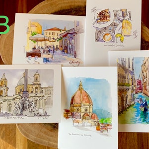 Art Card set Italy Watercolor Ink 5 notecards Venice Rome Travel blank inside 5x7 framable art Set B