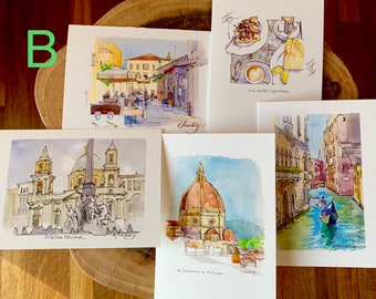 Art Card set Italy Watercolor Ink 5 notecards Venice Rome Travel blank inside 5x7 framable art Set B