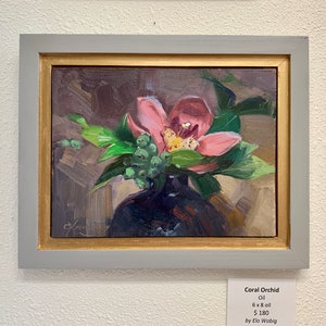 Original oil painting Pink Orchid Flower contemporary still life small 6 x 8 inch framed ready to hang artwork floral by Elo Wobig image 2