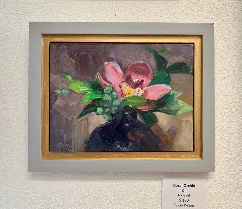 Original oil painting Pink Orchid Flower contemporary still life small 6 x 8 inch framed ready to hang artwork floral by Elo Wobig image 2