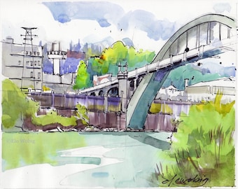 Oregon City Bridge Art Print, Willamette River Watercolor Sketch
