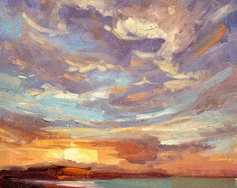 Sunset clouds over beach ocean original oil painting impressionist 8x8 in square art home decor gallery by Elo Wobig