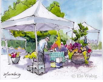 Portland Farmer’s Market Florist watercolor ink sketch giclee art print by Elo Wobig