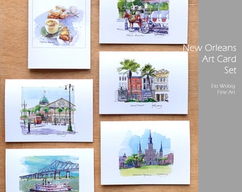 6 Art Card Set New Orleans NOLA attractions Watercolor paintings travel sketches  blank inside 5x7 framable art, blank cards by Elo Wobig