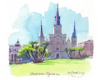 Jackson Square New Orleans Art Print, French Quarter Watercolor