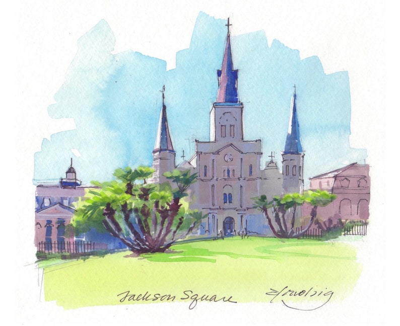 Jackson Square New Orleans sketch giclee art print French Quarter NOLA watercolor painting l by Elo Wobig image 1