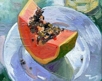 Original still life fruit oil painting “Thick Slice” of Papaya square artwork by Elo Wobig