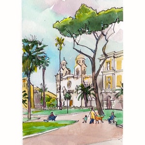 Rome cityscape Piazza Cavour watercolor sketch giclee art print of original drawing of my Italian Vacation Travel Sketches Roma by Elo Wobig