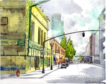 Giclee of original watercolor and ink sketch of Portland Oregon