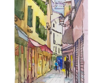 Venice Narrow Alley Watercolor travel sketch limited edition giclee art print 1/100  Italy Vacation by Elo Wobig