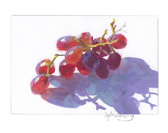Original Casein  5x7 Purple Cluster Grapes fruit painting still life fine art collection home decor by Elo Wobig