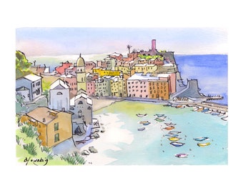 Vernazza Cinque Terre Art Print: Watercolor Travel Sketch Italy giclee