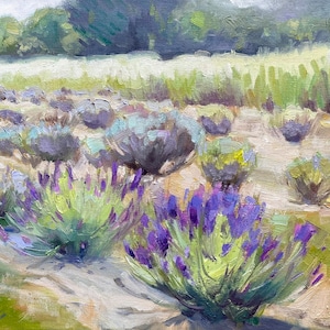 Plein air landscape painting outdoor still life, “Lavender Lines” original oil on canvas by Elo Wobig