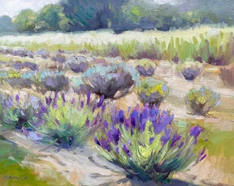 Plein air landscape painting outdoor still life, “Lavender Lines” original oil on canvas by Elo Wobig