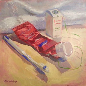 Fine Art Original Acrylic Painting toothbrush toothpaste floss  Still life dentist bathroom decor 8x8 inches artwork by Elo Wobig