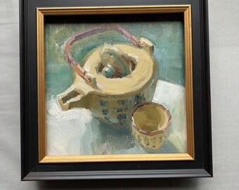 Original oil painting Asian Tea Pot 8x8 inch impressionist still life  by Elo Wobig