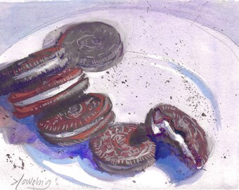 Original Gouache Oreo Cookie Painting, Food Still Life Art (6x8 in)