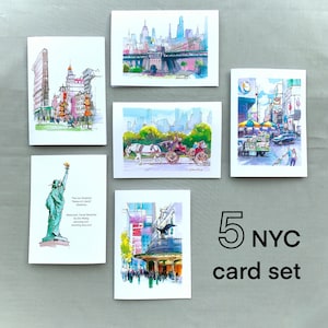 Conjunto de cartões de arte Nova York, aquarela, tinta, 5 cartões de viagem, NYC, esboços em branco, dentro de 5x7, conjunto de arte para emoldurar B