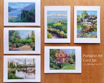 Art Card set of 6 Best Attractions Portland Oregon Mount Hood, Rose Garden of Original Oil Paintings  blank inside 5x7 framable art