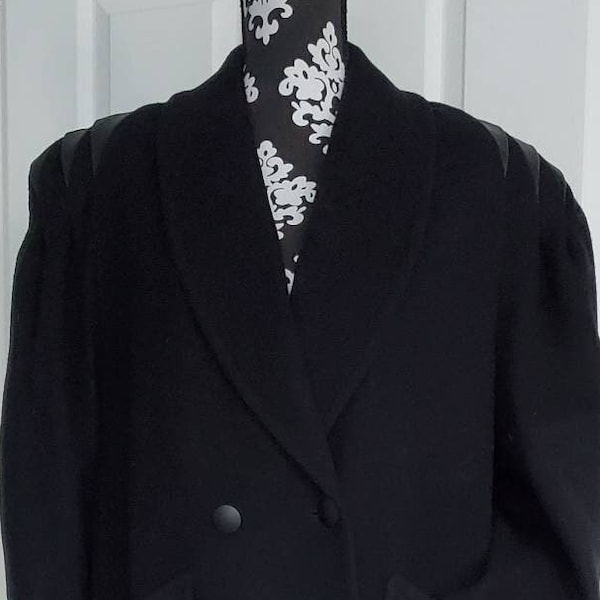 Jofeld Black Overcoat Wool Corinna Fabrics Eastland Oversized 1980s Jacket Faux Leather Epaulet Trench Coat Goth New Wave
