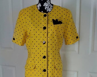 Sunshine Starshine Yellow Black Polka Dot Spotted Button Down Secretary Waitress Flap Pocket Square Kerchief Dress Halmode Size 14 1980s