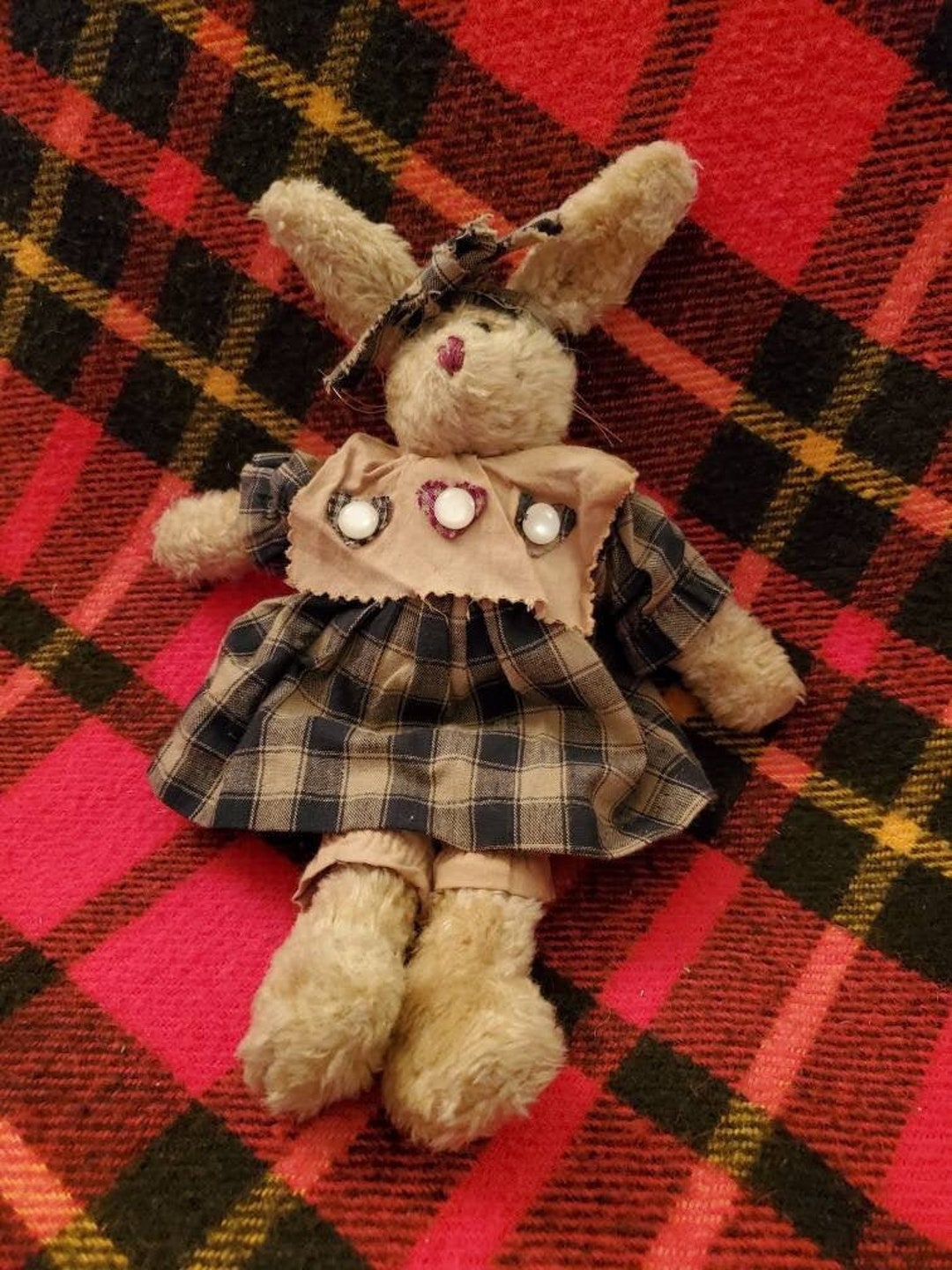 Boyds Bears Brown Bunny Rabbit Blue Red Tan Plaid Flannel Pinafore ...