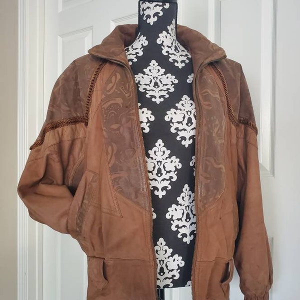 Winlit Brown Leather Jacket Patches Panels Trim Rickrack Paisley Floral Print Stitched Embroidered 1980s 1990s Whimsical Waist Sash Medium