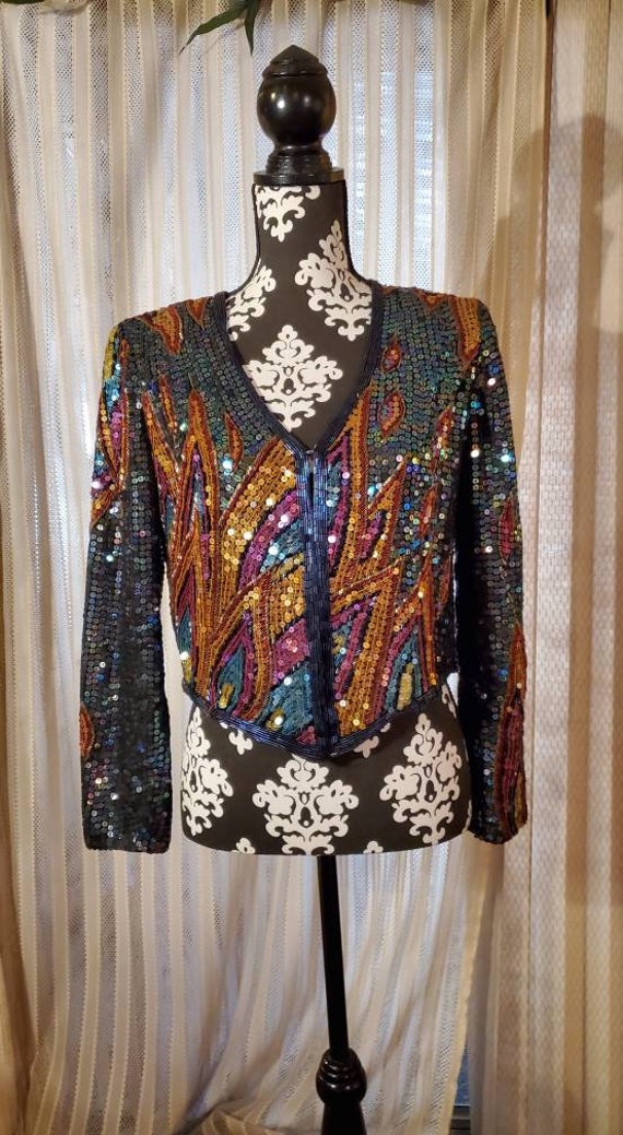 Vintage Jack Bryan Sequin Beaded Open Flyaway Fron