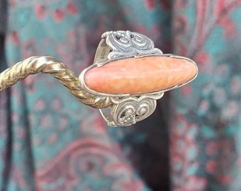 Orange Pink Peach Salmon Coral Cabochon Sterling Silver Wave Setting Filigree Heart Band Cowgirl Southwest Western Pinky Midi Statement Ring