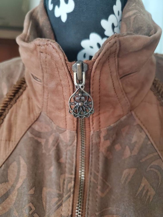 Winlit Brown Leather Jacket Patches Panels Trim R… - image 9