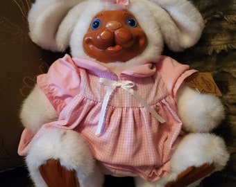 Paulette Wooden Bunny Rabbit Plush Cottontail Soft Toy Doll Robert Raikes Pink Gingham Dress Blue Eye Ribbon Bow Easter Tag Limited Numbered