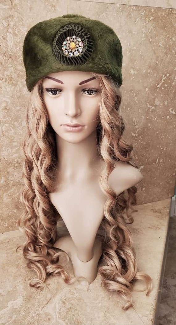 Moss Green Faux Fur Jan Leslie Pillbox Hat 1960s R