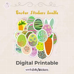 Puede incluir: Un conjunto de pegatinas de Pascua coloridas en varias formas, incluyendo huevos, una zanahoria y orejas de conejo. Las pegatinas presentan patrones como rayas, lazos y diseños florales. El texto dice "Easter Stickers bundle" y "Digital Printable".