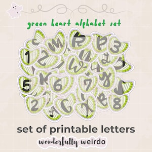 Green Heart Alphabet Sticker Set, 41 Pieces + Bonus 7 Washi Tapes, PNG & PDF, Letters Numbers Symbols.
