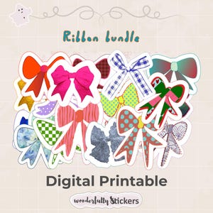 Puede incluir: Una colección de pegatinas de lazo coloridas en varios diseños, incluyendo lunares, cuadros y estampados florales. Se muestra el texto "Ribbon bundle" y "Digital Printable". Las pegatinas son de "wonderfully Stickers".