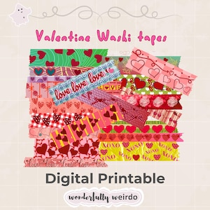 Puede incluir: Una colección de cintas washi para San Valentín con varios diseños, incluyendo corazones, XOXO y la palabra "love". Las cintas son en tonos de rojo, rosa y verde. También se ve el texto "Valentine Washi tapes" y "Digital Printable".