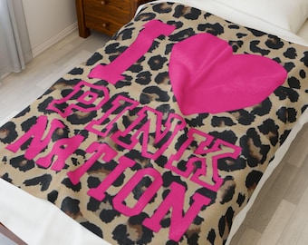 I Love Pink Nation Plush Blanket, Cozy Throw, Animal Print, Victoria's Secret, Mcbling y2k 2000s decor emo leopard print PINK VS bedding