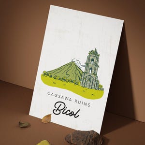 Philippine series: Bicol, Cagsawa Ruins and Mayon Illustration, Cartoon-Style Printable wall art, Digital Print, Filipino decor