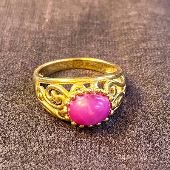 Gold Plated Pink Star Ruby Scrollwork Ring Size 1… - image 2