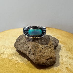 Navajo Sterling Silver Band Ring – Lab Opal & Onyx Inlay – Handmade Southwestern Jewelry – Size 13.2