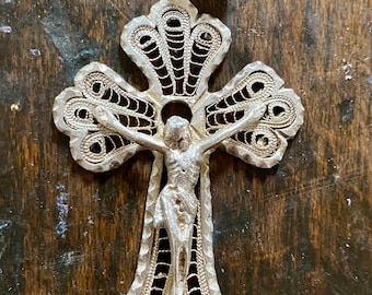 Vintage Filigree Crucifix Pendant | Ornate Silver-Tone Jesus on Cross | Intricate Christian Jewelry | Large Religious Statement Pendant