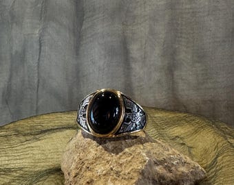 Gold-Plated Silver Onyx Eagle Ring – Men’s Vintage Biker Ring – Statement Jewelry – Size 13.5