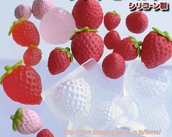 3 dimensional strawberry soft mold. Floree miniature fruit mould/mold. Three sizes of strawberries