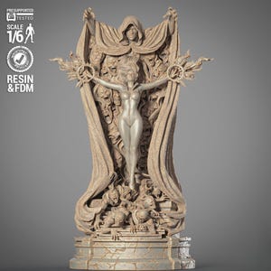 May include: A detailed resin sculpture of a woman with outstretched arms, surrounded by a multitude of faces, standing on a base with a hooded figure at the top. The sculpture is painted in a beige color.