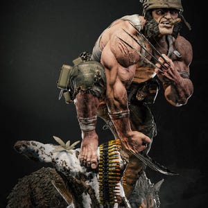 May include: A detailed statue of a muscular figure with metal claws, wearing a military helmet and torn clothing. The figure is posed atop a tree trunk with a wolf, with a bandolier of bullets. The statue is a collectible item.