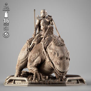 May include: A 1/6 scale resin and FDM printed model of a Stormtrooper riding a reptilian creature. The model is painted in a light brown color and is posed in a dynamic action pose.